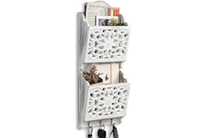 Optyuwah 2-warstwowy uchwyt na klucze na ścianę, drewniany uchwyt na listy, organizer na czasopisma z haczykami na klucze, rustykalny dekoracyjny wieszak na klucze, montowany na ścianie, uchwyt na