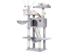Hey-Brother Kratzbaum, 135 cm Indoor Katzenbaum, Mit gepolsterter Plattform Bett, Spielzeug Ball, Höhlen, Hängematte und Sisal Kratzbaum Katzenhaus, Hellgrau MPJ019-SW