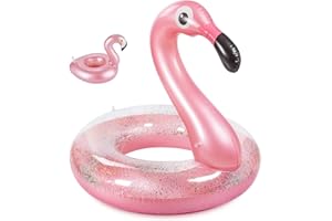 Olycism Flotador Inflable Flamenco para Piscina con Lentejuelas Soporte para Bebidas y Kit de Parche, Flamenco de Juguete Inflable de Verano para Fiestas de Piscina