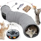 XIAPIA Cat Tunnel with 6 Pieces, Interactive Toy Indoor Cat | Toys for Cats with Fish, Wand with Feathers, Balls, Blanket, Mi