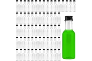 JEUIHAU 70 Pack 50ml Spirit Bottles, Plastic Spirit Bottles with Black Aluminum Lid, Miniature Spirit Bottles for Water, Juice, Wine, Beverage and Sauce