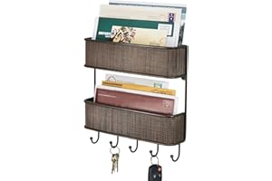 mDesign Nowoczesny organizer na listy – Metalowy stojak na listy z haczykami na klucze – Idealny organizer do przedpokoju – Uchwyt na klucze – Czarny