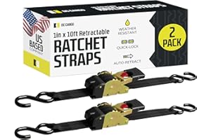 DC CARGO MALL DC Cargo - Auto Retracting Ratchet Straps (2 Pack 1 inch x 10') - Heavy Duty Tie Down Retractable Ratchet Straps - Easy Self Contained Black Ratchet Strap Tie Downs for Trailers, Vehicles