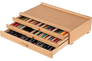 VISWIN 3-Drawer Art Supply Storage Organizer, Beech Wood Artist Storage Box with Removable Dividers, Portable Art Box for Paints, Brushes, Pencils, Pens, Pastels - Natural