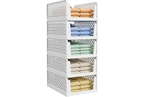 Kitsure 5-Pack Closet Organizers&Storage - Stackable&Foldable Plastic Storage Drawers,Space-Saving Multi-Purpose Closet Storage Containers for Wardrobe,Bedroom,or Laundry Room,41.8 x 32.2 x 16.2cm