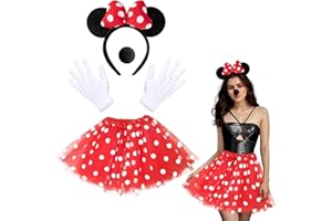 Orgoue Costume Da Maus Mouse, Costume Da Topo Da Donna per Bambini Costume Da Topo per Adulti Con Tutù Rosso a Punti, Fascia per Le Orecchie E Naso Di Topo per Il Carnevale Cosplay Party