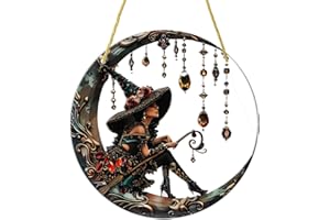 CNCEDI Sun Catchers for Windows, Witch Suncatchers Cat Witch Moon Vintage Acrylic Flat Suncatcher, Window Hanging Decoration Witch Gifts Car Garden Gothic Ornaments(20 * 20 cm)