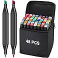 Parssufy 48 Pcs Dual Tip Alcohol Markers Set, Non-Toxic Art Supplies For Kids & Adults, Books Pen With Carry Case Set Colour Broad Drawing Sketching (48), Multicolor