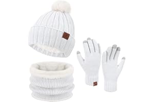 ZASFOU Donna Inverno Berretto Cappelli Sciarpa Touchscreen Guanti Set Maglia ciniglia Teschio Berretto Caldo Pile Foderato