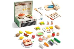 GIANT BEAN Ensemble d'Aliments de Jeux en Bois, Accessoires de Jeux de Cuisine, Jouet de Simulation de Cuisine 78 pièces, Jouets de Légumes / Fruits à Découper, Plats de Jeu, Jouets Éducatifs pour Tout-Petits
