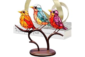 PW TOOLS Desktop Stained Glass Birds, Stained Glass Desktop Ornaments Birds on Branch, Small Acrylic Long Lasting Home Decor Birds with Metal Base for Desk, Living Room, Shelf