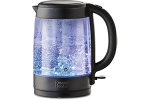 Russell Hobbs Electic Kettle [1.7L] Illuminated Glass Kettle Matte Black (Perfect Pour Spout, Blue Internal Illumination, Removable washable anti-scale filter, 360° Base, 3000W) 27750