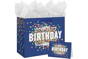 RONGZUBAT Gift Bag Large 33 cm x 12 cm x 26 cm, Blue Dots Luxury Gift Bag with Greeting Card and Tissue Paper, Party Bag for Gifts, Large Birthday Bag for Him Women Men Boys Girls