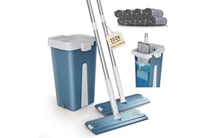 MIHOHO Mop and Bucket Set, Hands Free Flat Floor Mop and Bucket with 8 Microfiber Pads, Househould Cleaning Tool with 2-Chambers Design Separate Clean/Dirty Water (Double mop blue)