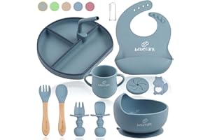 Baby Weaning Set by Bebefant™, Suction Bowl, Suction Plate Baby, Cup, Adjustable Bib with Pocket, Bamboo Fork & Spoon for Baby Led Weaning, Baby Feeding Set (Large Blue)