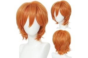 FOUNSHO Anime Peluca Corta Naranja para Hombre Mujer, 12 Inch/30 cm Adulto Cosplay Pelucas Corta, Años 70 80 Cosplay Disfraz Peluca Hombre Lacio Postizo para Halloween Fiesta (Naranja)
