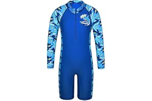 HUAANIUE Junge Kinder 1-Teiliger Badeanzug Anti-UV UPF 50+ Kinder Jungen Einteiliger Badeanzug mit Reißverschluss Langen Ärmeln 2-14 Jahre