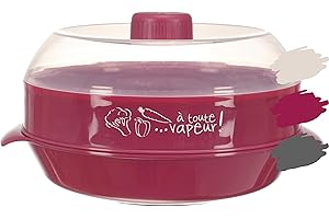 HAPPYCOSAS Vaporiera Microonde Veloce per Cucina Sana - Coperchio Ermetico Antifuoriuscita - Per Verdure, Pesce, Carne - Materiale Durevole, Colore Bordeaux.