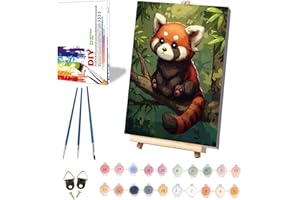 Pujeknm Roter Panda Malen Nach Zahlen ab 5 6 7 Jahre Mädchen mit Rahmen - Holzstaffelei, Tiere Malen Nach Zahlen für Kinder Acrylfarben mit als Geschenk, Mittel 30x20 cm (Süßes Rotpanda)