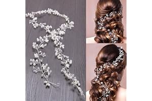 WOWOSS 50 cm Fascia Nuziale per Capelli con Perline e Strass, Accessori per Capelli da Sposa Fascia Argento Lavorati a Mano， Matrimonio, Decorazioni Nozze Accessori da Sposa