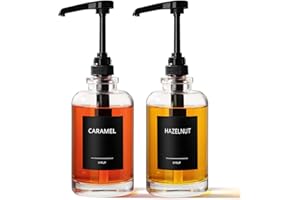 MITINGKA Coffee Syrup Dispenser, 2 Pack 17 fl oz / 500 ml Glass Syrup Dispenser with Large Capacity Syrup Pump and 36pcs Label Stickers, Modern Coffee Station Accessories for Coffee Bar/Kitchen