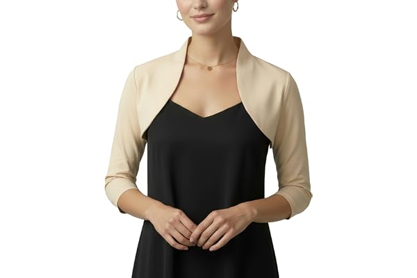 BlackButterfly Bolero Dam 3/4-ärm Figursydd Stretch | Ståkrage, Öppen fram, Dras på, Utan knäppning, Formstabil, Bomullsmix med elastan, Storlek XS-5XL