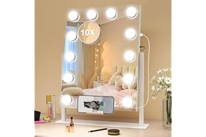 S'bagno Espejo-Maquillaje-con-Luz 40x30cm, Hollywood-Espejo-Tocador-LED con Aumento 10X, USB y Soporte para Teléfono, Rotación de 360°, 12 Bombillas 3 Colores, Atenuación, Memoria, Blanco