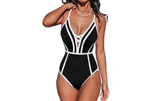 CUPSHE Damski jednoczęściowy strój kąpielowy głęboki dekolt w serek kostium kąpielowy krzyżowe plecy krawat wyszczuplający rzeźbienie blok kolorów