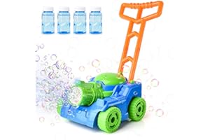 Fegalop Automatic Bubble Machine for Toddlers, Bubble Lawn Mower for Kids with 4 x Bottles of Solution for Girls Boys Adults Summer Indoor Outdoor Toys (Orange-Green)
