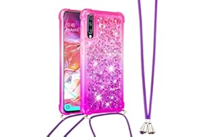 LEMAXELERS Funda con Cuerda para Samsung Galaxy A7 2018,Carcasa Galaxy A7 2018,Brillante Brillo Liquida Quicksand de Cuello Cadena Carcasa Transparente Silicona TPU Case con Collar Correa,YB GS Pink Purple
