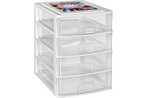 Hummelladen Schubladenbox DIN A4 mit 4 Schubladen 35,5x26,5x35 cm - Weiss-transparent Kunststoff Drawer Tower Box Organizer für Schreibtisch Easy-Pull-System