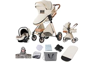 Magic ZC 3 in 1 Pushchair Pram Travel System, Baby Stroller 3 in 1 with Reversible Two Pushing Modes, Newborn Infant Carriage One-Click Folding, Toddler Buggy Aluminum Frame (V9 Creamy White)