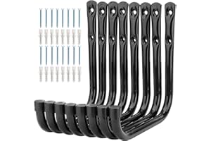 pipabiba Lot de 8 crochets de rangement robustes pour échelle de garage - 17 cm - Fixation murale - Pour vélo, échelle, chaises pliantes et articles encombrants (17 cm x 17 cm) Noir