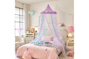 Temopow Rainbow Bed Canopy with Led Light Colorful Mesh Stitching Mosquito Net Princess Dome Mesh Bed Canopy for Bedroom Decoration Princess Bed Netting