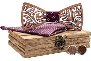 Mr.Van Noeud Papillon Bois Fait Main,Taille Réglable, Style Classique,Coffret en Bois (comprenant Boutons de Manchette,Mouchoir et noeud papillon) pour Mariage Soirée Business