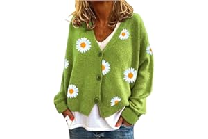 HULKAY Women's Floral Print Long Sleeve V-Neck Sweaters Button Down Ribbed Cuffs Knit Cropped Cardigan Sweater