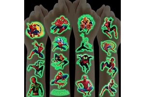 SUNYOVIME 12 Feuilles Spiderman Tatouage Ephemere Enfant,Tatouage Enfant Fluorescent,Faux Tatouage Enfant Lumineux pour Garçon Fille,Cadeau Anniversaire Enfants Invites décoration de fête Petit Cadeau Pinata