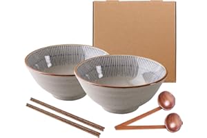 SDFVSDF 2X Bol De Ramen en Céramique Japonaise, Cadeau créatif Bols à Ramen rétro avec Baguettes et cuillères, pour Micro-Ondes, pour Salade de Fruits, légumes, Nouilles - 1100 ML (2)