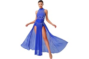 ranrann Femme Robe Danse Contemporaine sans Manches Robe Danse Lyrique Strass Justaucorps Gymnastique Tenue