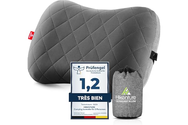HIKENTURE Oreiller Gonflable Camping et Voyage avec Taie Amovible - Ultraléger, Compact et Confortable - Coussin Gonflable Ergonomique pour Extérieur, Camping, Trekking ou Randonnée - Gris