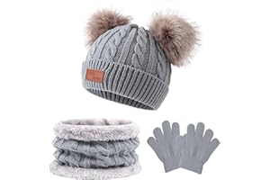 Jarseila Bonnet Écharpe Gants Enfant Fille Hiver Ensemble 3 Pièces pour Bébé Garçon Chaud Tricoté Tour de Cou Polaire Snood Pompon Bonnet 1-5 Ans