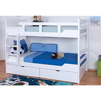 90x200 Kinder Etagenbett Weiß/grau mit Bettkasten Treppe und Geländer