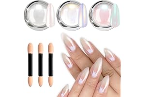 ‎BISHENGYF Pearl Chrome Nail Powder BISHENGYF - 3Pcs Weiße Chromfarbener Nagelpuder, Neon Glassy Ice Cromepulver Nägel Glitzerpuder, Glazed Donut Pearlescent Aurora Mirror Effect Pigmentpulver, Diy Deco Nail Art