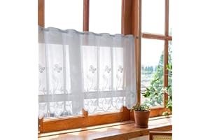 Devola Scheibengardinen transparent Jacquard gardine mit Blumen panneaux gardinen Landhaus bistrogardine weiß mit ösen Kurze küchengardinen mit gebogter Kante BxH 120x60cm 1 Stück