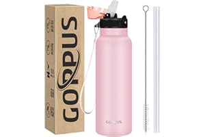 GOPPUS 750ml/26oz Stainless Water Bottle with Straw Double Wall Insulated Bottles with Strap Reusable Vacuum Thermal Flask Leakproof Keep Cold Drinks Bottles with Flip Top Lid for Men Women BPA Free