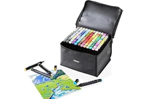 Hibisaws - Set di 120 pennarelli a base alcolica con punta a colori su entrambi i lati, con custodia nera per il trasporto e base di stoccaggio, per fumetti, schizzi, calligrafia, disegno, manga