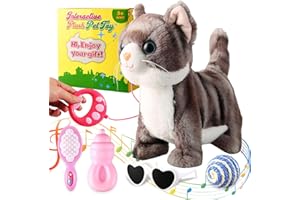 Marsjoy Gray Leash Walking Cat Set Singing That Purrs and Meows Animated Plush Robot Kitten Moving Realistic Stuffed Animal Remote Control Cute Kawai Robotic Kitty Toy for Kid