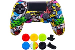 9CDeer 1 x Silicona Transferir Impresión Protector Cubrir Piel + 6 Apretones de Pulgar y Tapones a Prueba de Polvo para PS4/Slim/Pro Calaveras de Dibujos Animados