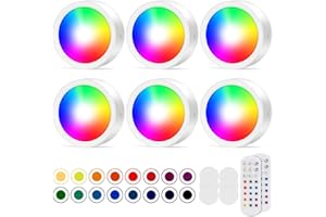 FOREPIN Battery Operated Puck Lights with Remote, RGB Push Lights Under Cabinet Kitchen Lights, Wireless Sticker Light with Timer Closet Light for Party Wardrobe Stairs Kitchen Bedroom Hallway, 6 Pack