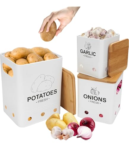 Lot De 3 Boîtes De Rangement Légumes - Pommes De Terre, Oignons, Ail (Bambou, Design Vintage)